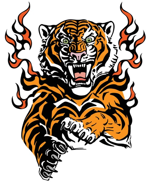 Злой тигр в огненных языках — стоковое фото