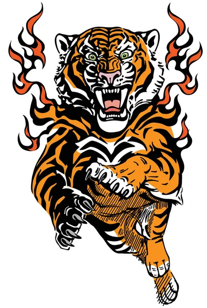 Tiger in tongues of flame front view — Stock Vector