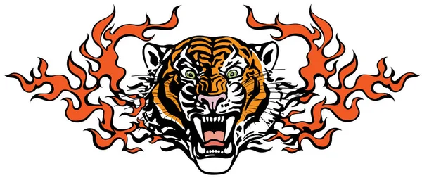 Kopf des wütenden Tigers in Flammenzungen — Stockvektor
