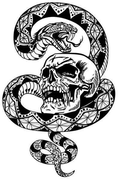 Die Schlange wickelte sich schwarz-weiß um den Schädel — Stockvektor