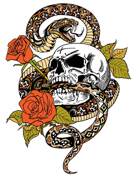 Φίδι κρανίο τριαντάφυλλα τατουάζ — Διανυσματικό Αρχείο