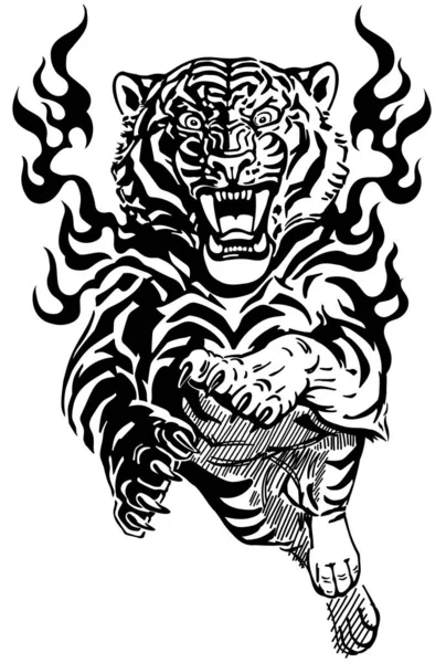 Tigre en lenguas de llama vista frontal en blanco y negro — Vector de stock