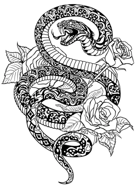 Slang en rozen zwart-wit tatoeage — Stockvector