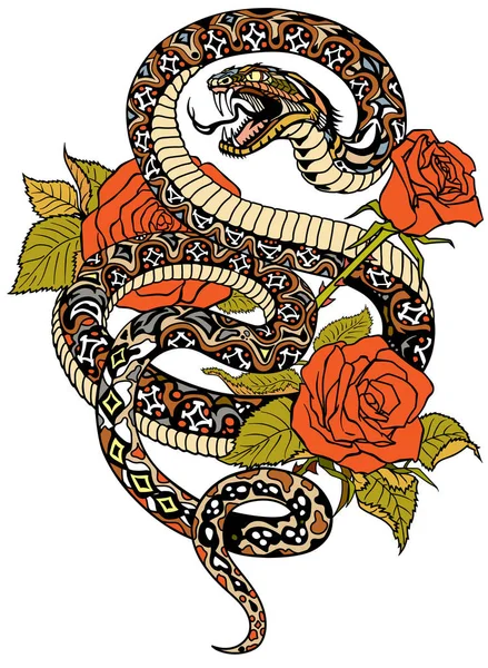 Snake and roses tattoo — Stock Vector