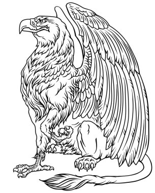 Griffin, Griffon ya da Gryphon. Bir aslanın vücuduna, kanatlarına ve bir kartalın başına sahip efsanevi bir canavar. Oturma pozisyonu, yan görüş. Siyah ve beyaz ana hatlı vektör çizimi