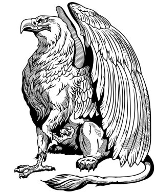 Griffin, griffon, or gryphon. A mythical beast having the body of a lion and the wings and head of an eagle. Sitting pose, side view. Black and white vector illustration clipart
