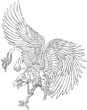 Uçan Griffin, Griffon veya Gryphon. Bir aslanın vücuduna, kanatlarına ve bir kartalın başına sahip efsanevi bir canavar. Siyah ve beyaz ana hatlı vektör çizimi