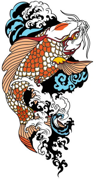 Kapra Koi Plave Proti Proudu Japonské Zlaté Ryby Vodními Vlnami — Stockový vektor
