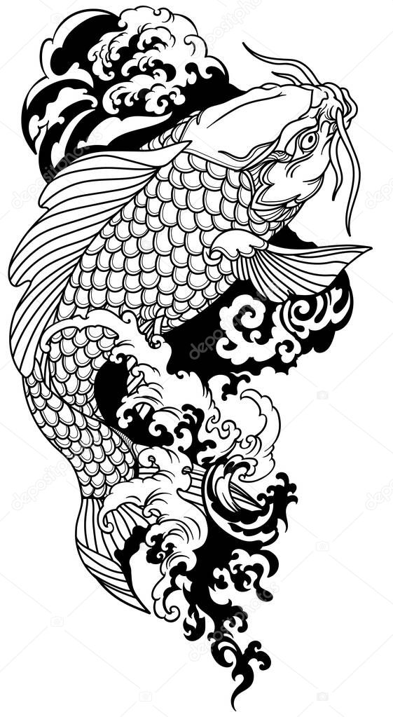 koi carp swimming upstream. Japanese gold fish with water waves. Black and white vector illustration