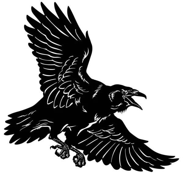 Uçan Bir Kuzgun Uçan Kara Kuş Elle Çizilmiş Karga Dövme — Stok Vektör
