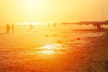 birkaç kişi deniz günbatımı nda buluşuyor