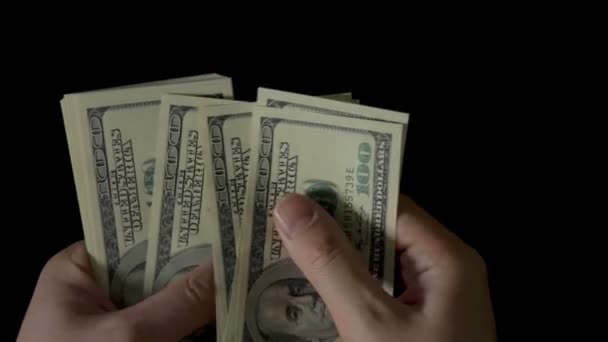 Male Hands Counting Money, One Hundred Dollar Bills on black — Stock Video