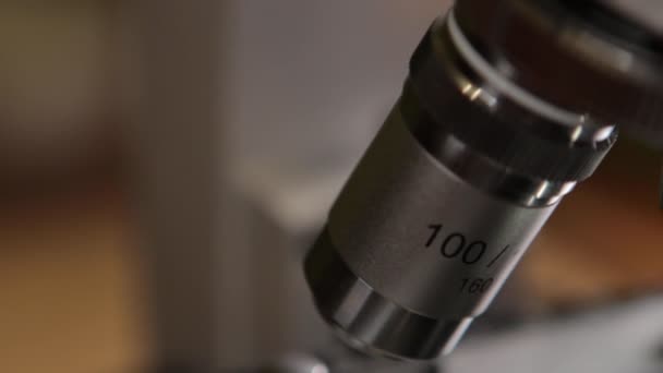 Forskare studerar preparatet med Mikroskop — Stockvideo