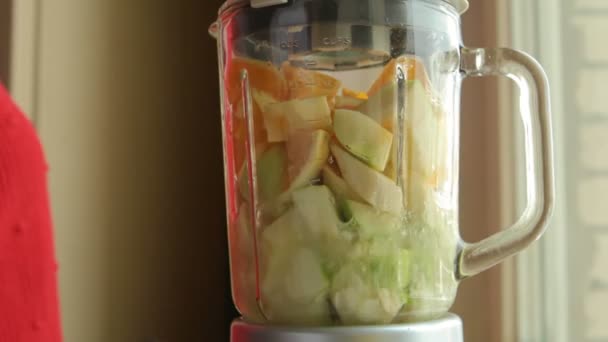 Mezcla de frutas en licuadora haciendo batido — Vídeo de stock