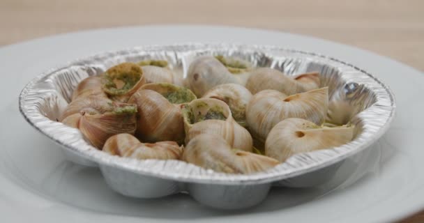 Μαγειρεμένα σαλιγκάρια που σερβίρονται σε πιάτο — Αρχείο Βίντεο