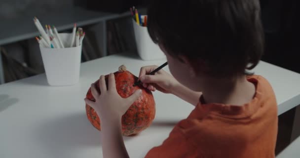 Один мальчик украшает и рисует тыкву на Хэллоуин — стоковое видео