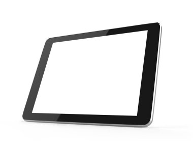 Beyaz arka plan üzerinde izole düz dokunmatik tablet bilgisayar. 3D render.