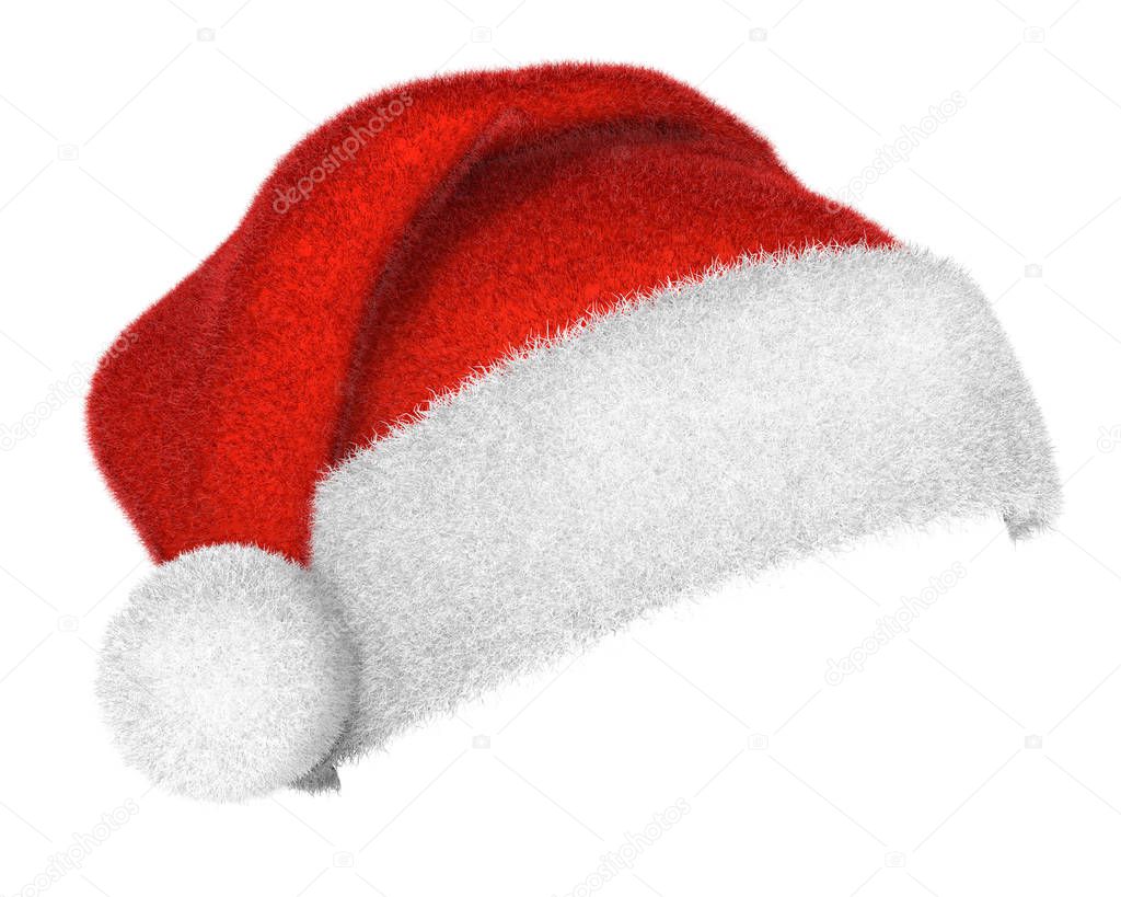 Traditional Santa Claus red and white hat isolated on white background. Christmas symbol. 3D rendering.
