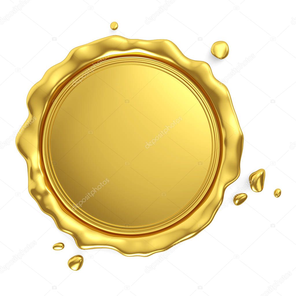 Golden royal blank wax seal isolated on white background. 3d rendering.