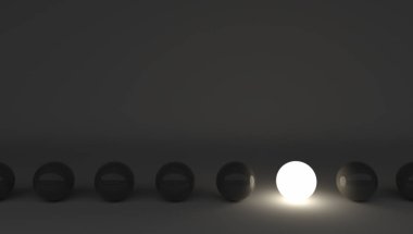 Siyah olanlar arasında bir ışık küresi. 3D render. Bireysellik iş kavramı.
