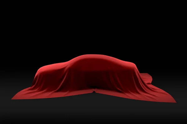 Auto Unter Dem Roten Stoffbezug Automobilpräsentation Eines Neuen Modells Illustration — Stockfoto
