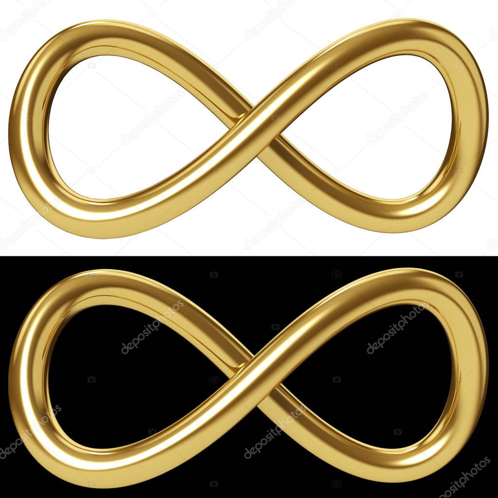 Gold infinity loop isolated on white and black background. Golden Mobius loop sign. 3D rendering.