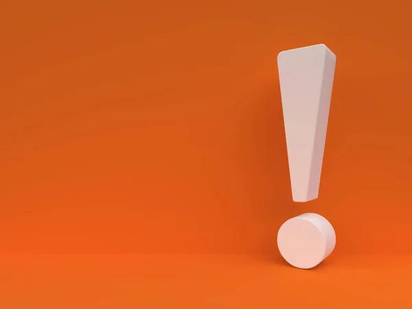 Turuncu duvara beyaz ünlem işareti. Cevap kitap tasarım şablonu. Önemi kavramı arka plan. 3D render.