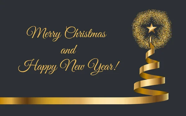 リボン上に星とクリスマス ツリーの冬の休日背景 クリスマスと新年のグリーティング カード豪華なデザイン ベクトル図 — ストックベクタ
