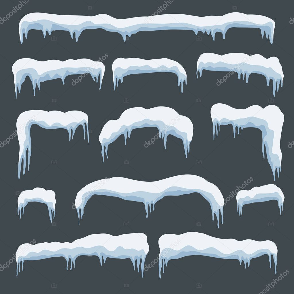 White snow caps set in cartoon style. Winter Christmas design elements. Vector illustration.