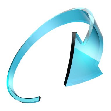 Mavi cam yuvarlak beyaz arka plan üzerinde izole ok. Geri dönüşüm işareti. 3D render.