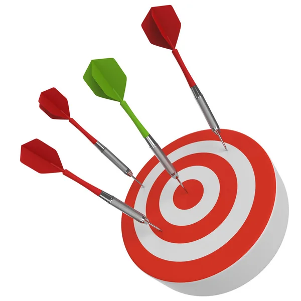 Green Dart Hitting Bulls Eye Red Darts Missing Business Concept — Stock Photo, Image
