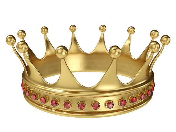 Shiny gold crown decorated with precious gems isolated on white background. 3D rendering.