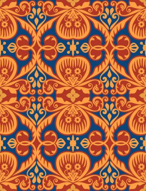 Sorunsuz kırmızı, sarı ve mavi oryantal duvar kağıdı vektör arka plan. Vintage Arapça halı desen zemin.
