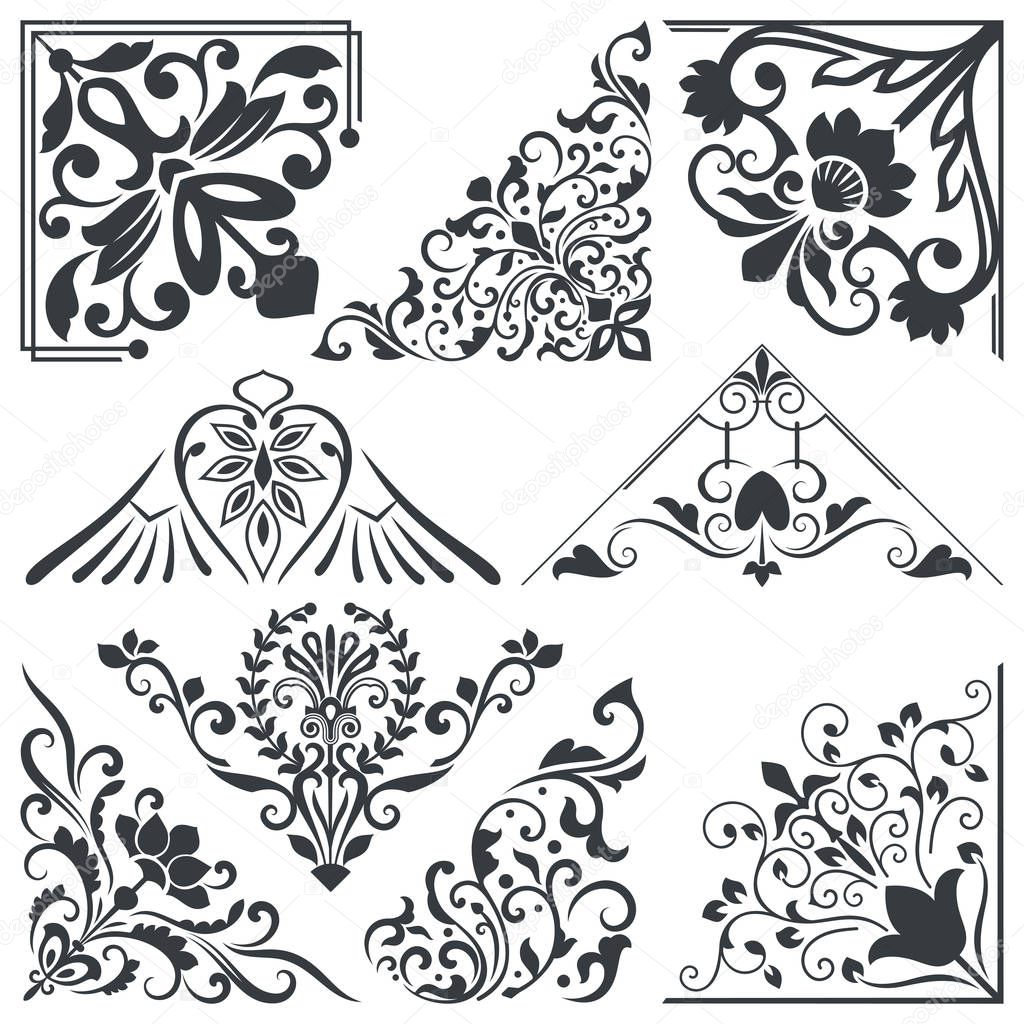 Vintage decorative floral corner design elements vector set. Elements for decorating invitations, cards, books, menus and other printed materials.