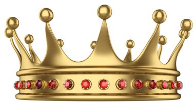 Parlak altın taç beyaz arka plan üzerinde izole değerli taşlar ile dekore edilmiştir. Önden görünüm. 3D render.