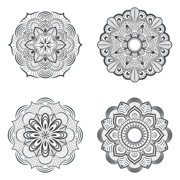 Ilustración Vectorial Elementos Florales Redondos Blanco Negro Diseño Circular Flores — Vector de stock