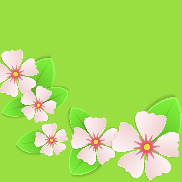 粉红色的花朵上的绿色背景弹簧卡模板 矢量插图 — 图库矢量图片
