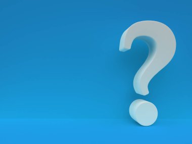 Soru işareti mavi oda soru formunun arka planda. 3D render.