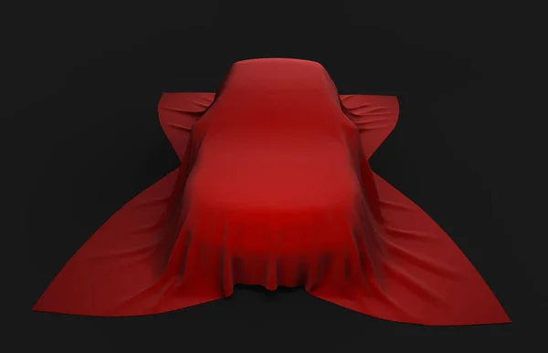 Auto Unter Dem Roten Stoffbezug Automobilpräsentation Eines Neuen Modells Frontansicht — Stockfoto