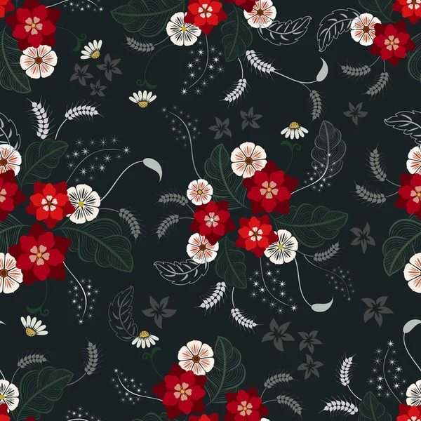 Nahtlose Farbe Blume Tapetenmuster Auf Schwarzem Hintergrund Vektorillustration Retro Floraler — Stockvektor