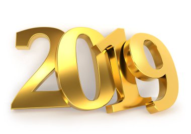 Altın 2019 rakamlar duvara yaslandı. Yeni yıl 2019 takvim şablonu. 3D render.