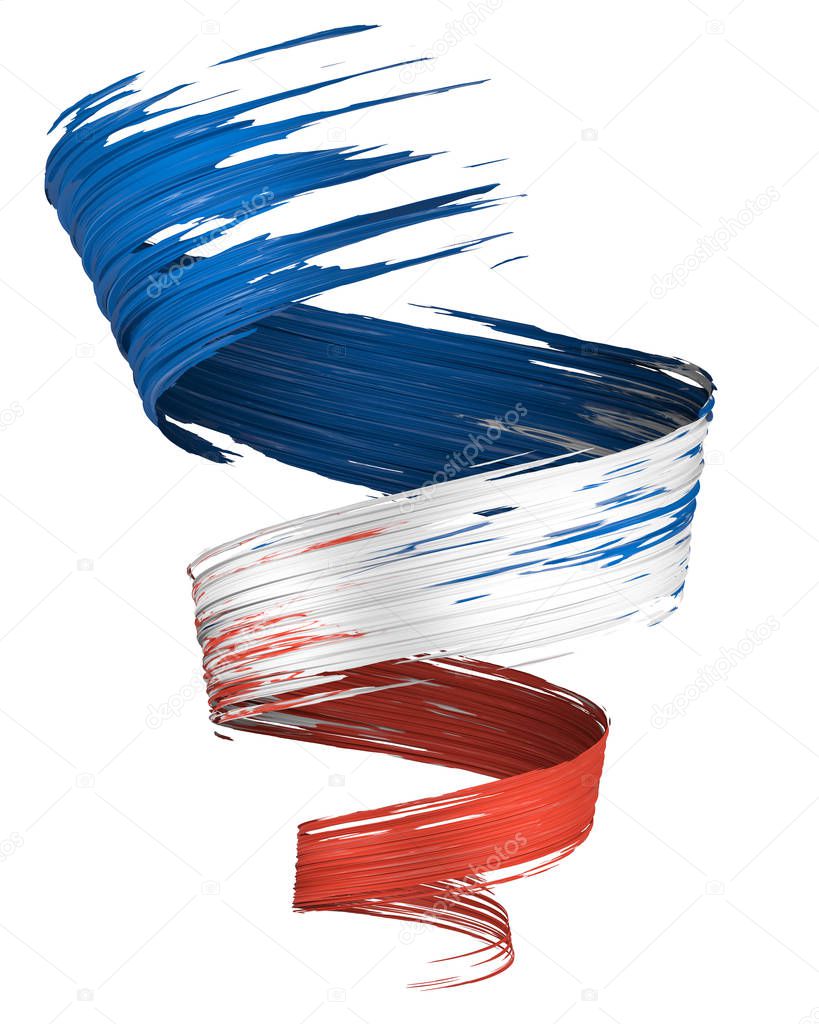 3D brush paint stroke swirl in France flag colors isolated on white background. 3D rendering. Colorful joyful design. Color oil paint curved smear. French flag design element.