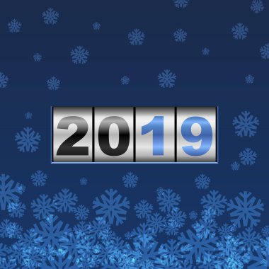 Mavi sayaç 2019 yeni yıl kartı kar taneleri vektör şablonu ile.