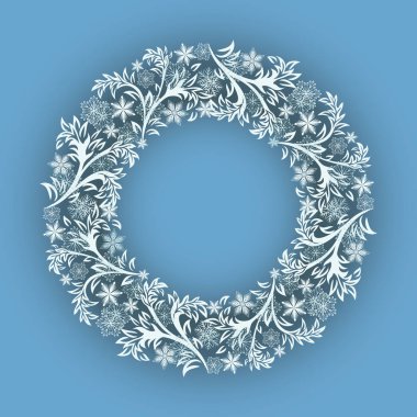 Soyut kış kar tanesi çerçeve vektör şablonu. Mavi ve beyaz Noel kartı tasarımı için süs kare yuvarlak.