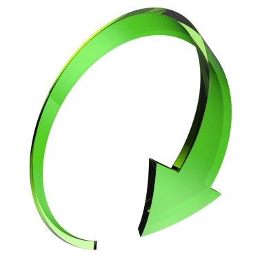 Yeşil cam yuvarlak beyaz arka plan üzerinde izole ok. Geri dönüşüm işareti. 3D render.