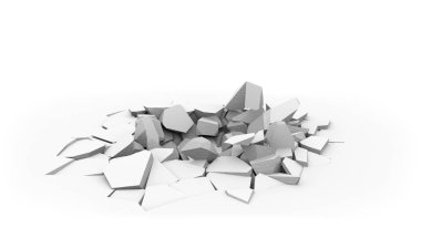 Beton döşeme kabuk deliği beyaz arka planda izole edilmiş. Düşmüş kasvetli cisimler. Yere çakılmış. 3B görüntüleme.