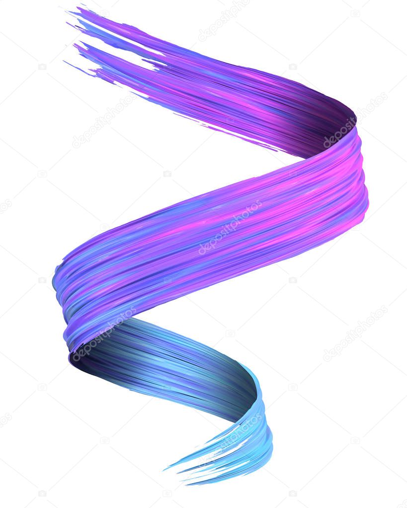 Colorful blue to magenta 3D brush paint stroke swirl isolated on white background. 3D rendering. Colorful joyful design with copy space. Color oil paint curved smear.