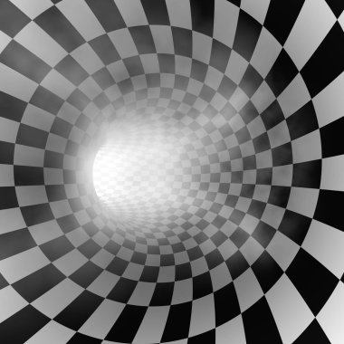 Tünel sis ile yuvarlak siyah-beyaz kareli. 3D render.