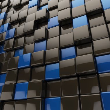 Siyah ve mavi küpleri yuvarlak kenarlı 3d arka plan ile. 3D render.