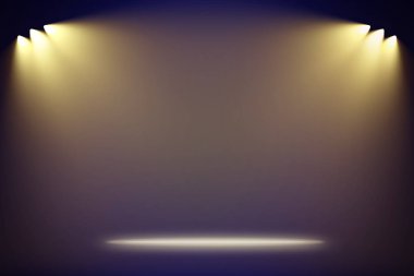 Altı yan sıcak ışık aydınlatıcı boş mavi sahne arka plan spot. Raster illüstrasyon yıldırım şablonu.